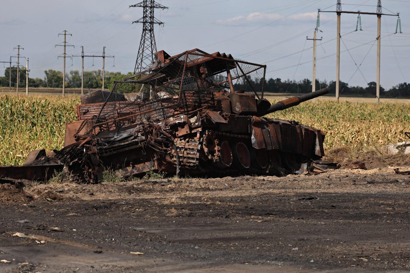 destroyed Russian tank outside Ukrainian-controlled Russian town of Sudzha, Kursk region