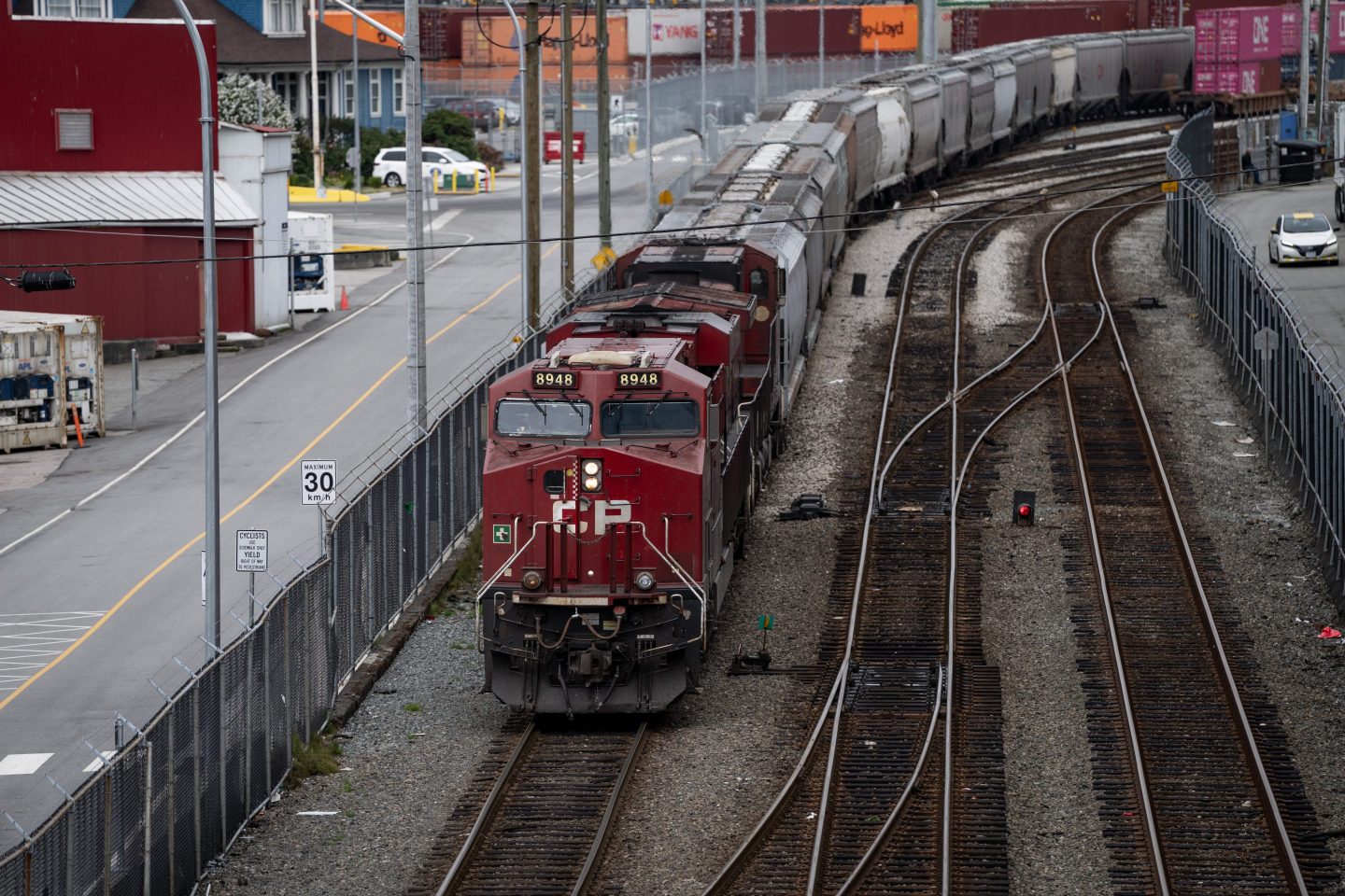 A Canadian Pacific Railway Co. locomotive pulls a train at the Port of Vancouver