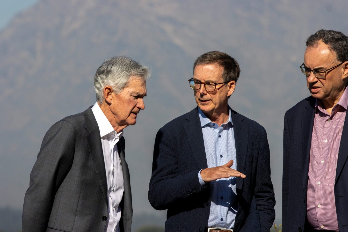 Jerome Powell, chairman of the Federal Reserve; Tiff Macklem, governor of the Bank of Canada; and Andrew Bailey, governor of the Bank of England, at Jackson Hole on Friday.