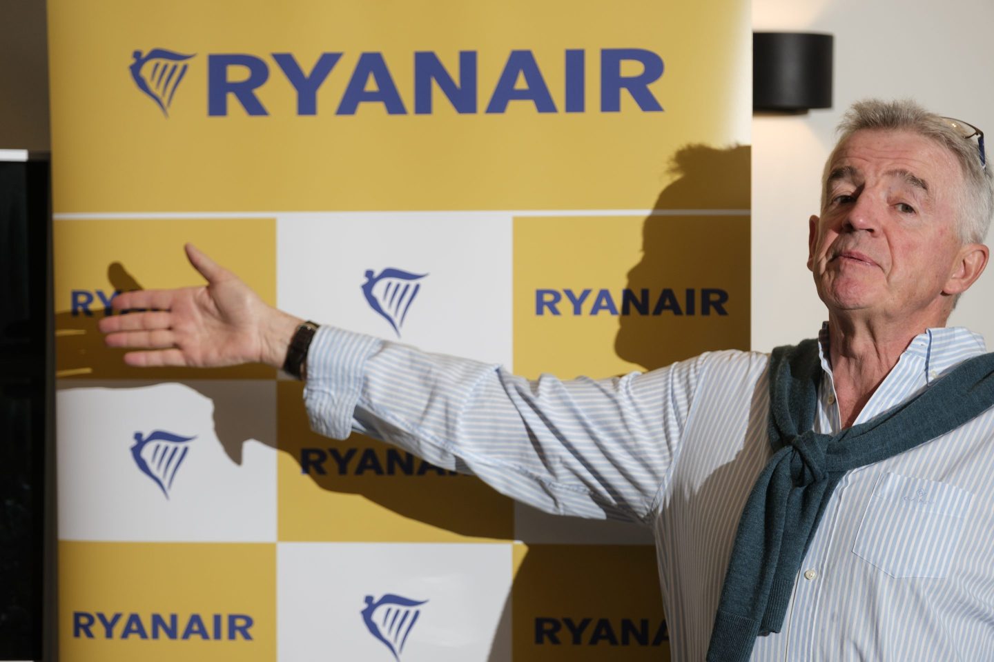 BRUSSELS, BELGIUM - AUGUST 27: Irish businessman, CEO of Ryanair Michael O'Leary talks to media on August 27; 2024 in Brussels, Belgium. Today, the Group CEO of Ryanair announced 9 new routes for W2024 from Charleroi airport, and none from Brussels due to the high airport charges. (Photo by Thierry Monasse/Getty Images)