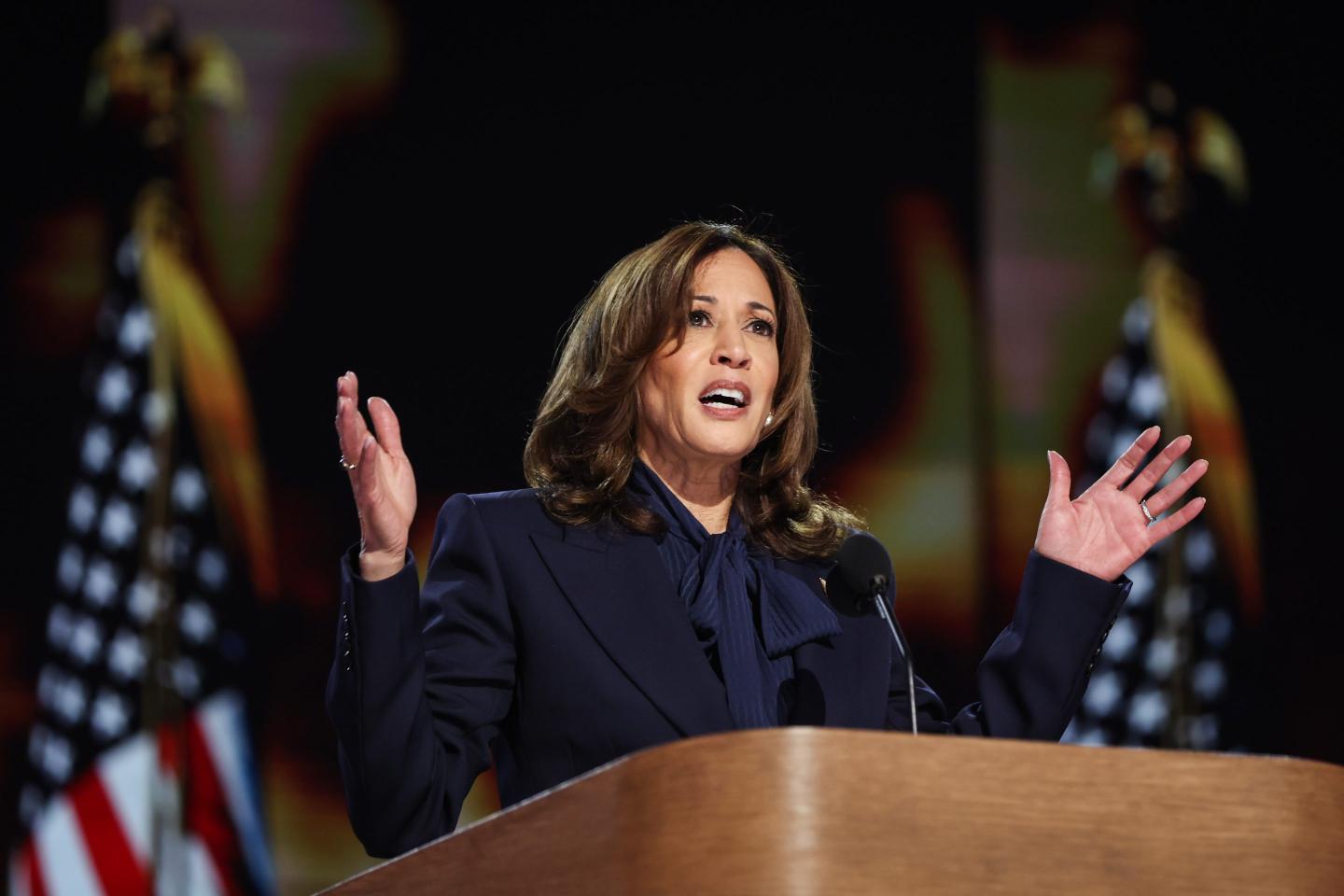 Democratic presidential candidate U.S. Vice President Kamala Harris speaks on stage during the final day of the Democratic National Convention