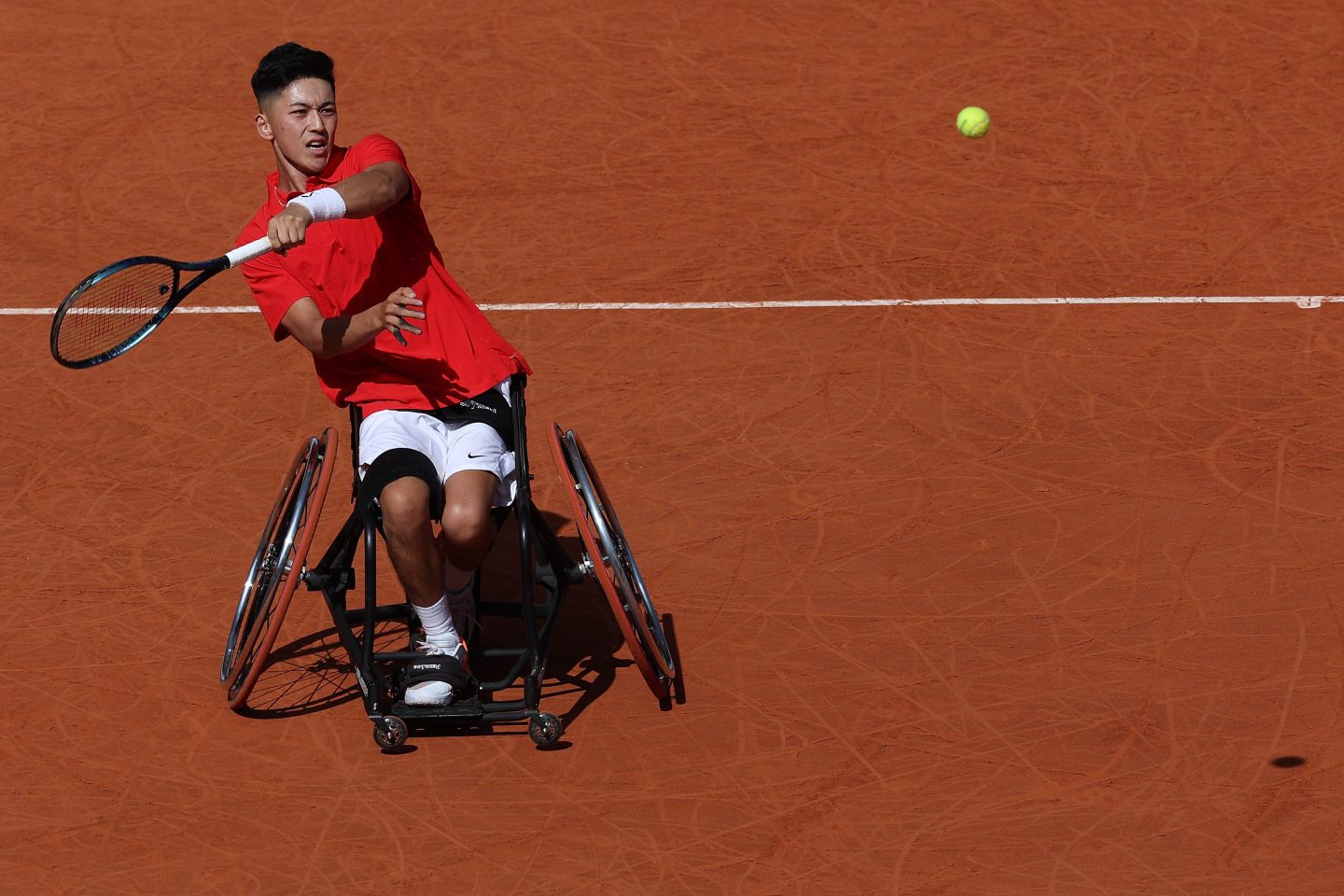 Tokito Oda of Japan during a Wheelchair Tennis practise session ahead of the Paris 2024 Summer Paralympic Games.