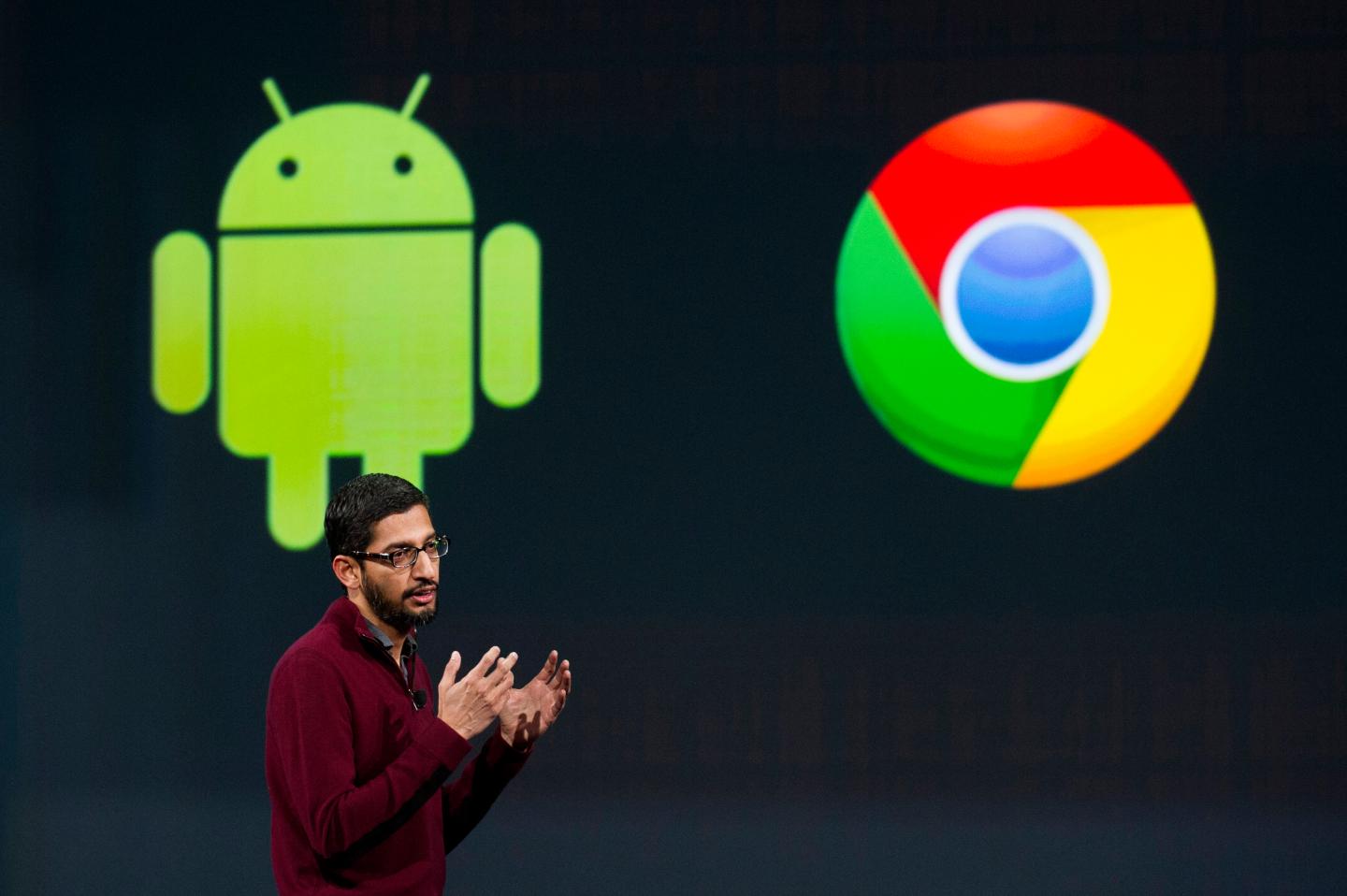 Sundar Pichai, senior vice president of Android, Chrome and Apps for Google Inc., speaks during the Google I/O Annual Developers Conference in San Francisco, California, U.S., on Wednesday, June 25, 2014.