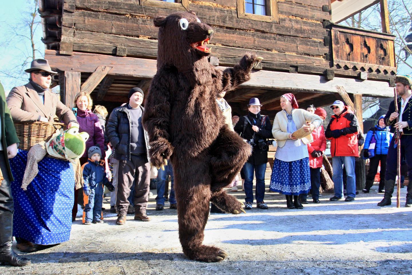 About one hundred people dressed in traditional costums from the 19th century, and one dressed as a bear, take part in a traditional feast Carnival in Roznov, Czech Republic on February 7, 2015. AFP PHOTO/ RADEK MICA (Photo credit should read RADEK MICA/AFP via Getty Images)