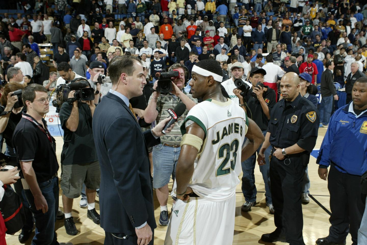 LeBron James talks to reporter