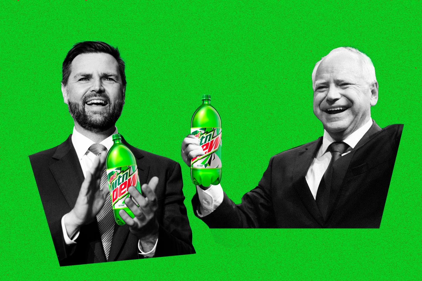 Photo illustration of JD Vance and Tim Walz cut outs holding bottles of Diet Mountain Dew on a green background.