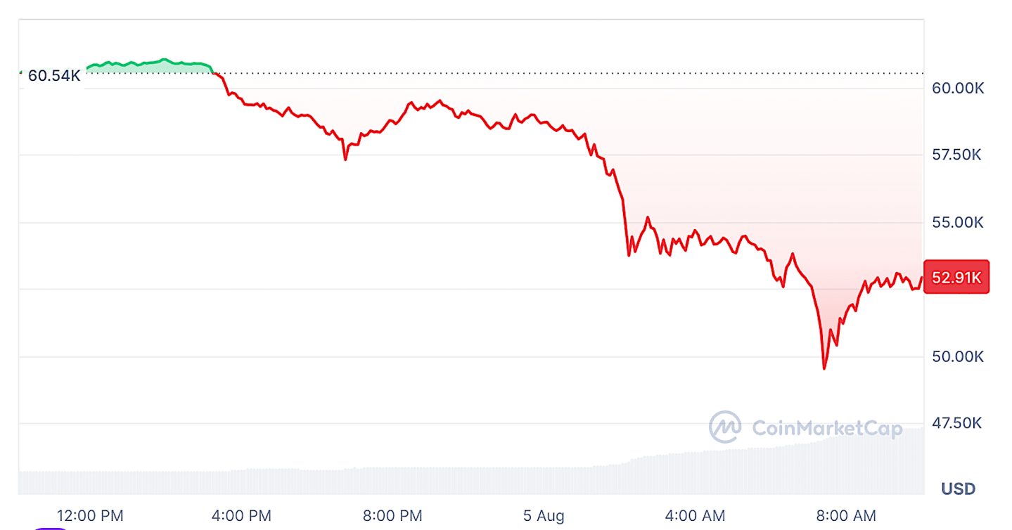 Bitcoin price chart showing a decline in the price of BTC on August 5, 2024..