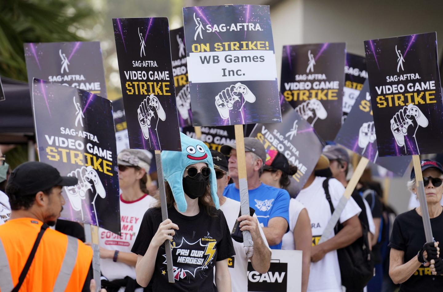 SAG-AFTRA video game actor strike picket line outside Warner Bros. Studios