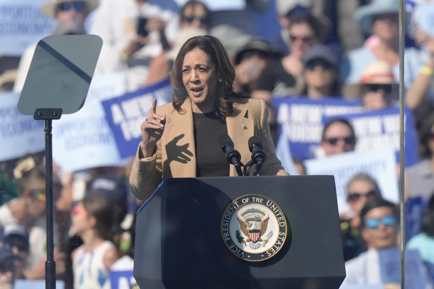 Kamala Harris addresses a large crowd at a rally