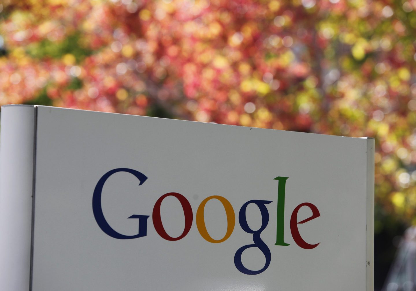 An exterior building sign shows the Google logo with it's typical rainbow colors. Fall foliage can be seen in the blurred background.