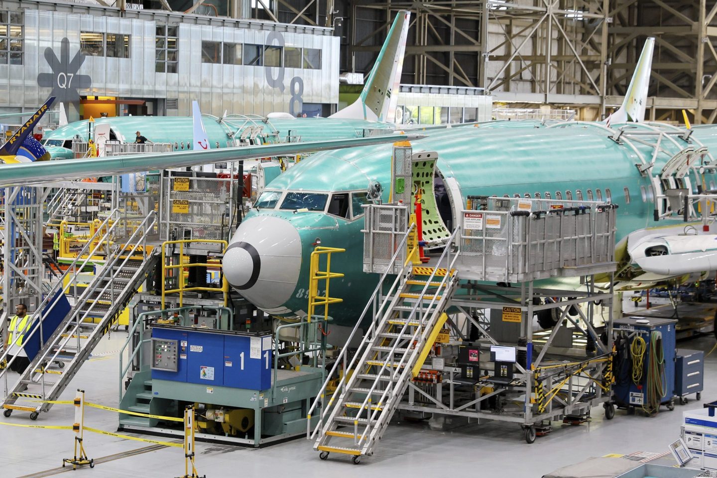 Boeing 737 MAX airplanes are shown on the assembly line during a media tour at the Boeing facility in Renton, Wash., June 25, 2024.