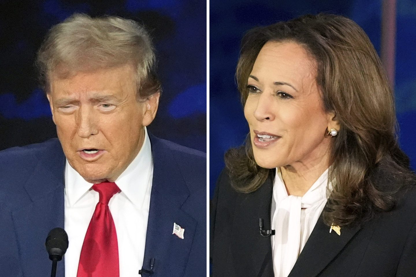 This combination of photos shows Republican presidential nominee former President Donald Trump, left, and Democratic presidential nominee Vice President Kamala Harris during an ABC News presidential debate.