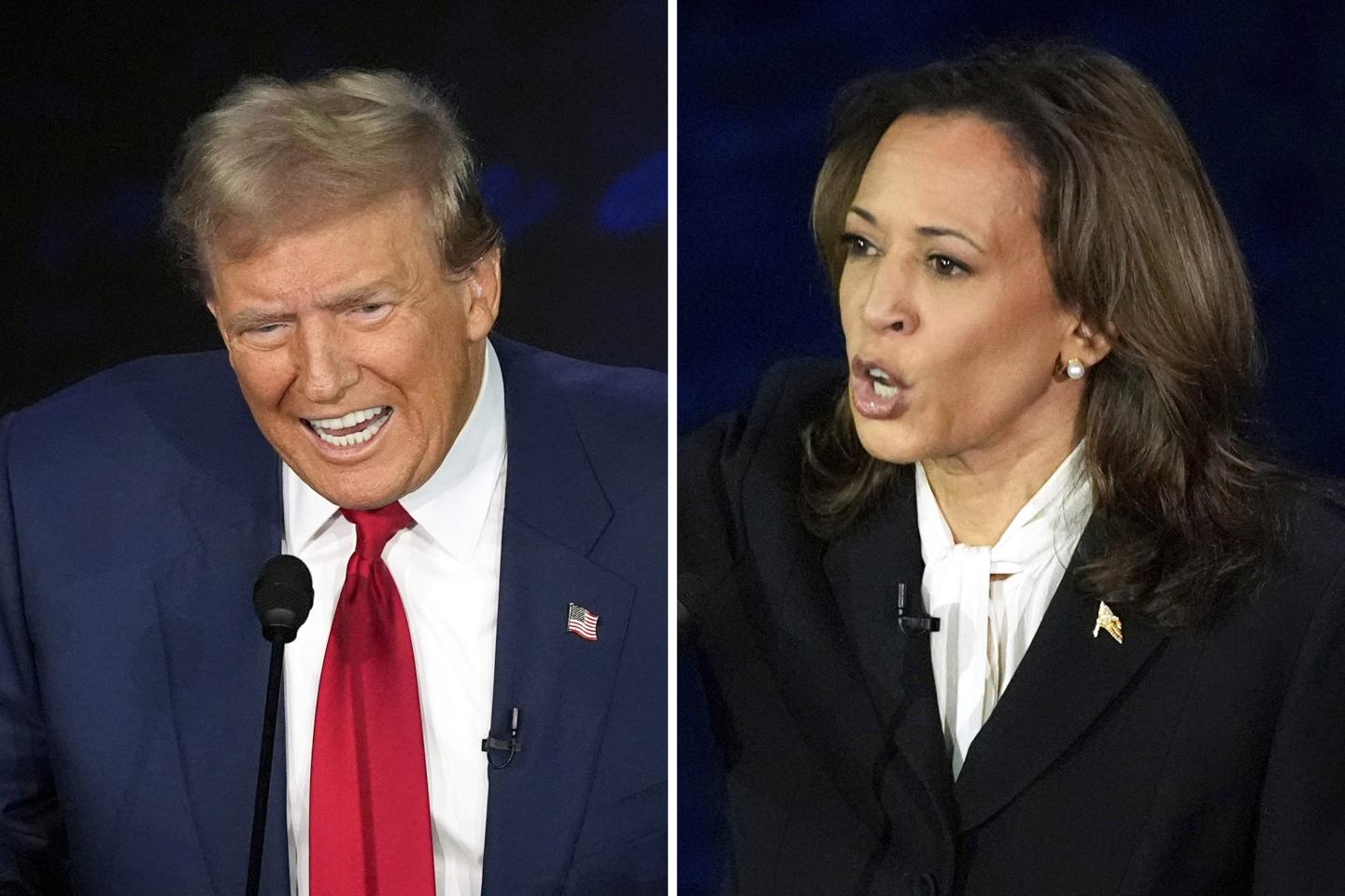 Side by side photo of the debate shows Trump, left, and Harris, right. Both appear to be mid speech at their podiums.