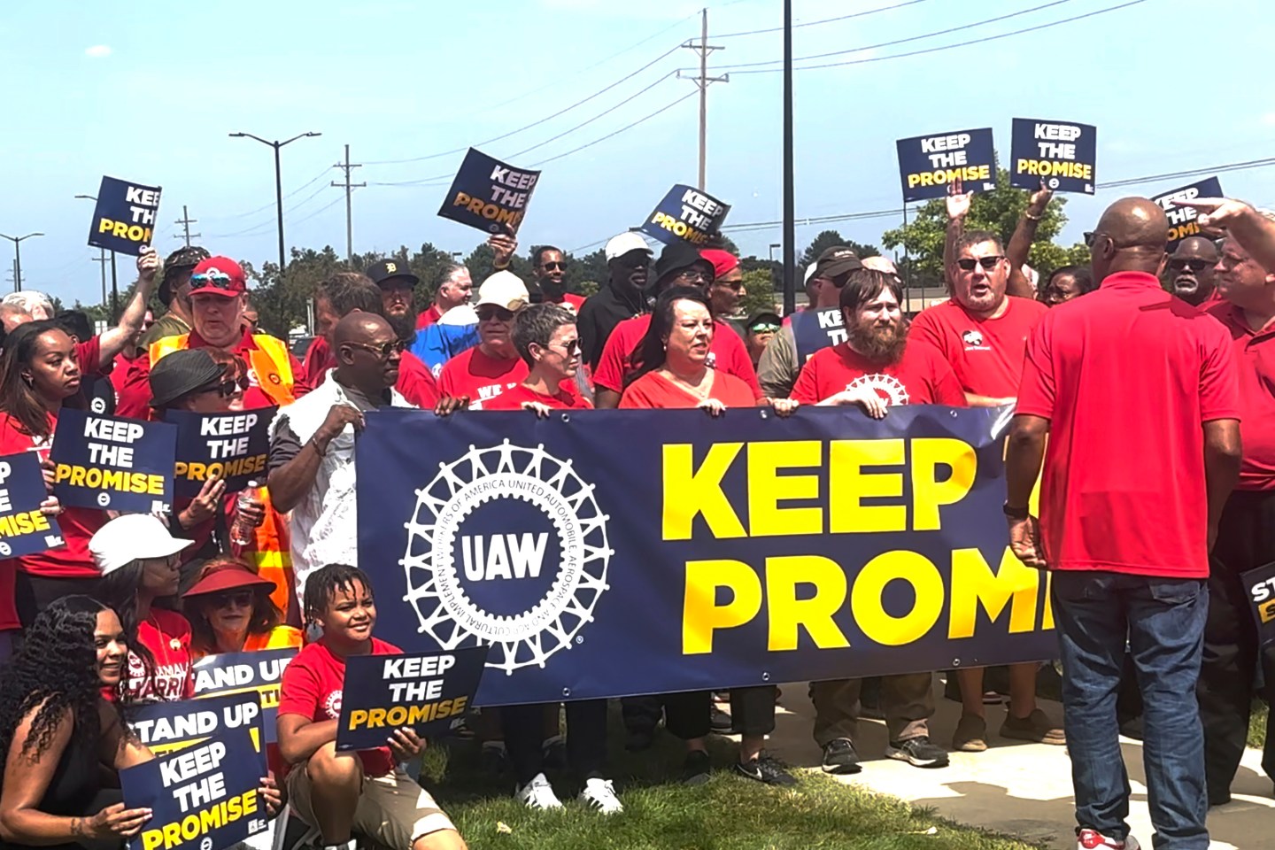 United Auto Workers members rally outside Stellantis' Sterling Heights Assembly Plant on Aug. 23, 2024, in Sterling Heights, Mich.