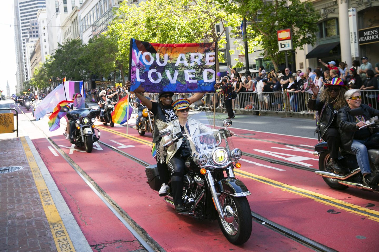 ikers ride a Harley Davidson motorcycle in the annual Pride Parade in San Francisco June 30, 2024.
