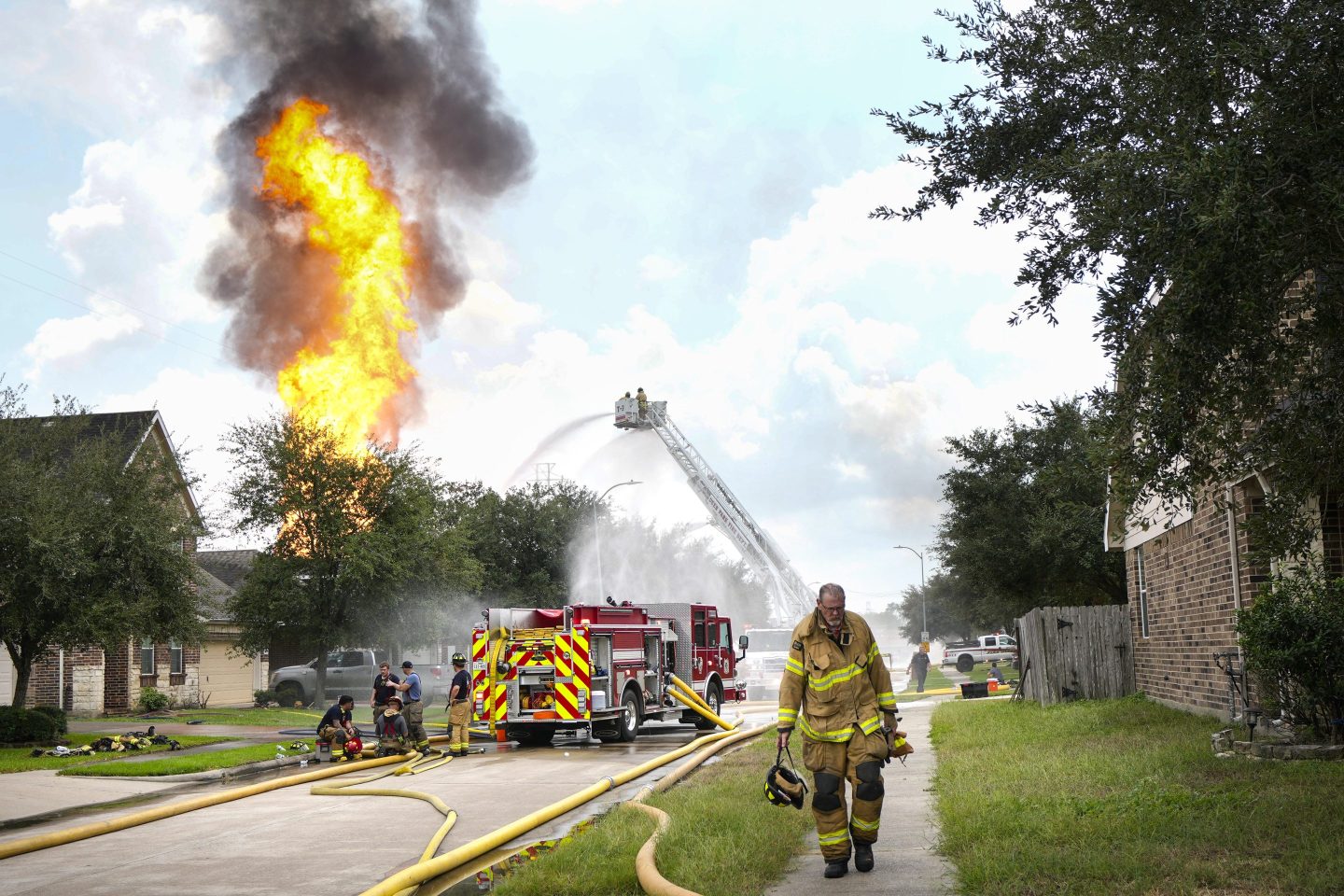 Firefighters battle a blaze from a pipeline carrying liquified natural gas that burns near Spencer Highway and Summerton on Sept. 16, 2024, in La Porte, Texas.