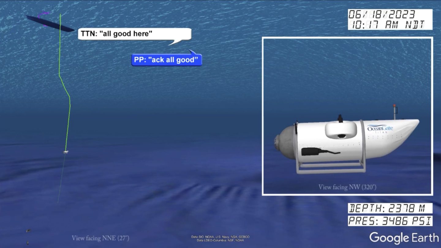 An illustration of the Titan submersible, right, is shown near the ocean floor of the Atlantic Ocean, and communications between the submersible and the support vessel Polar Prince, not shown, are represented at left.