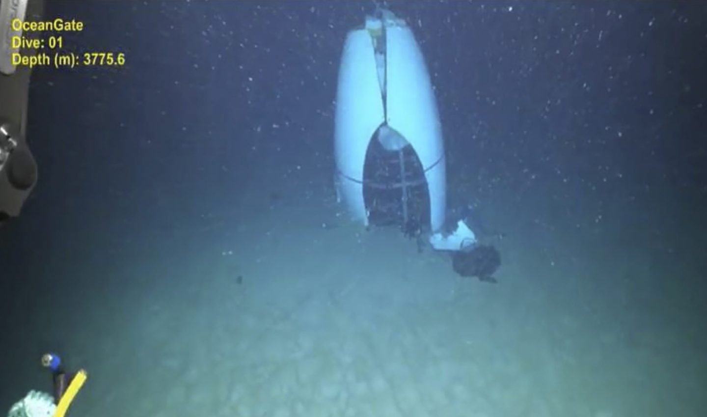 The remains of the Titan submersible on the floor of the Atlantic Ocean.