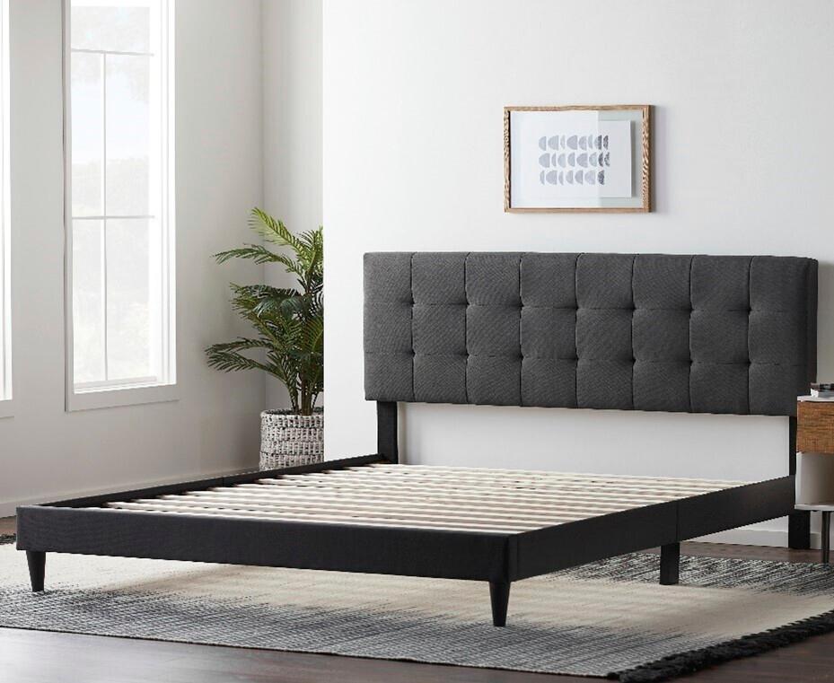 A Lucid Platform Bed with an upholstered square tufted headboard that is being recalled.