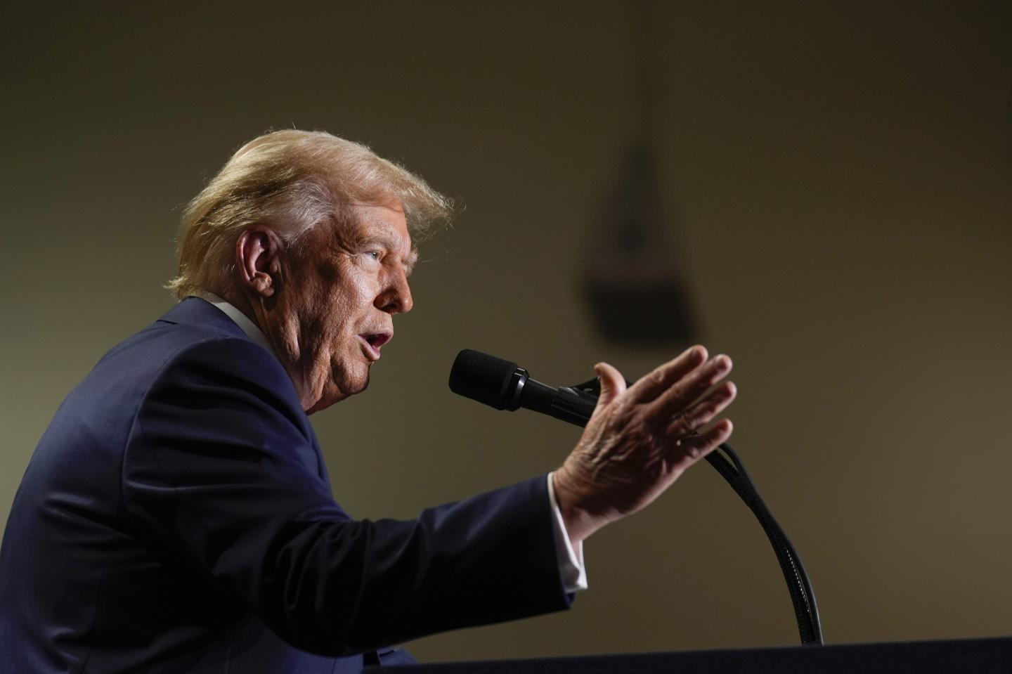 Donald Trump speaks into microphone
