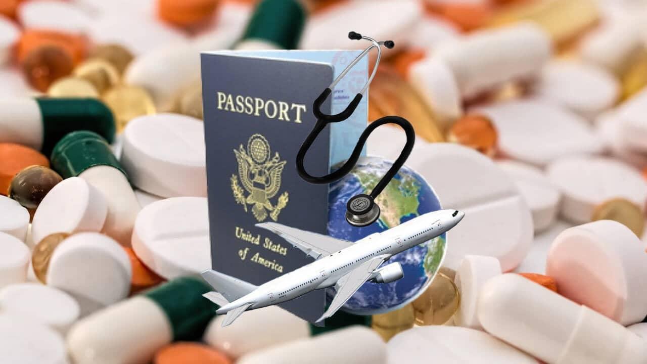 A visual composition showing a U.S. passport, a stethoscope, and a globe, with an airplane flying over it, all placed against a background of various pills and capsules.