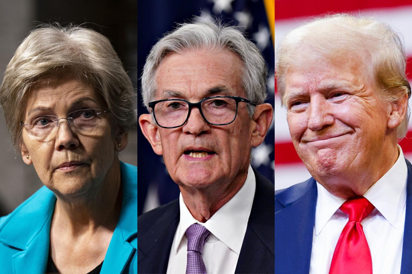 L-R: Senator Elizabeth Warren, Fed chairman Jerome Powell, and former president Donald Trump.