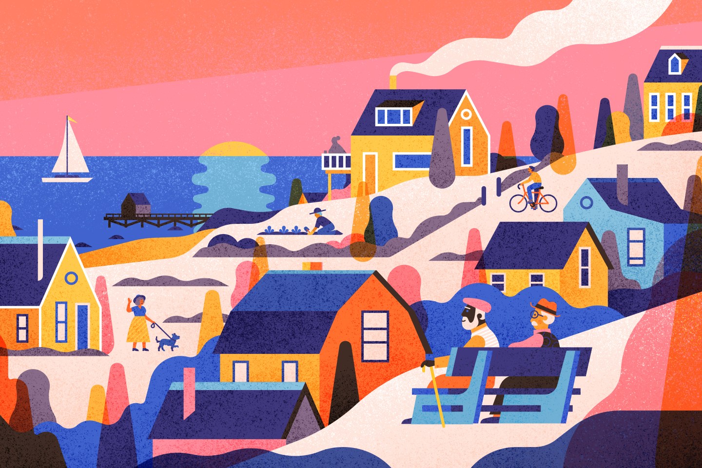 colorful world of happy retirees in a city by the water