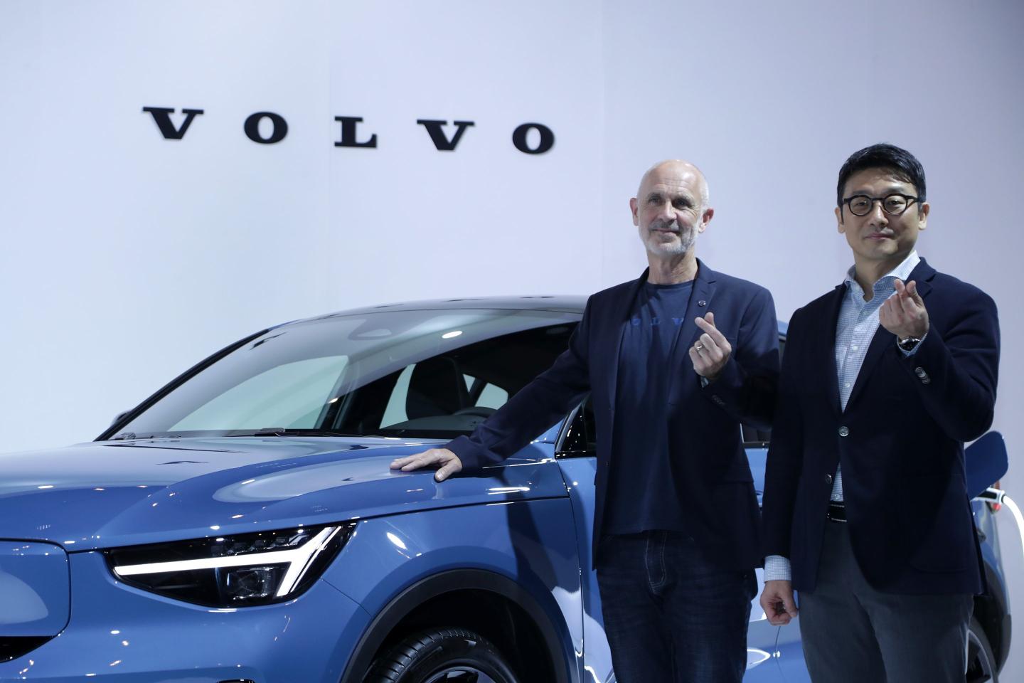 Jim Rowan, CEO of Volvo and Lee Yoon-Mo, CEO of Volvo Cars Korea pose for media during the Volvo "A New Era of Volvo Cars" press conference at The Shilla Seoul on March 14, 2023 in Seoul, South Korea.