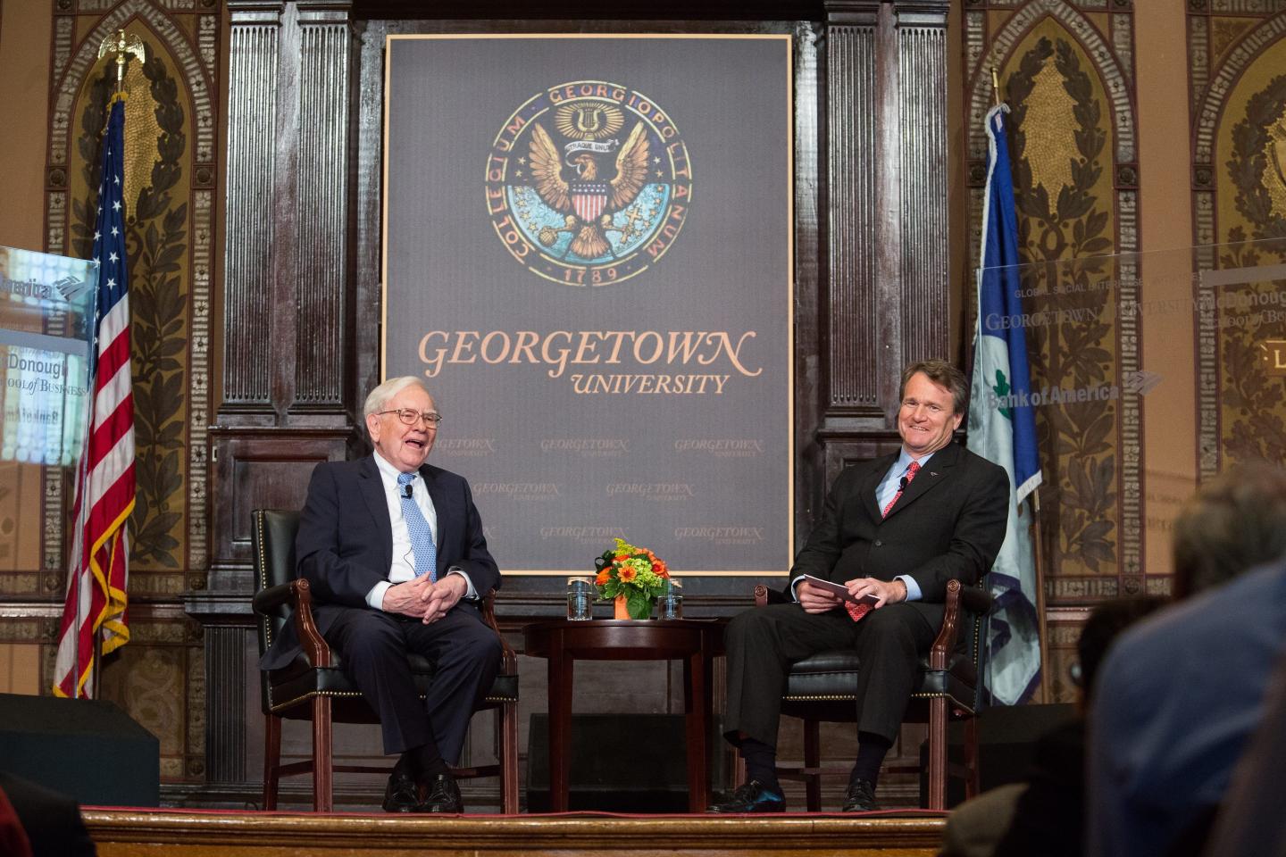 Warren Buffett, chairman of the board and CEO of Berkshire Hathaway, speaks with Bank of America CEO Brian Moynihan in Gaston Hall at Georgetown University, September 19, 2013 in Washington, DC.