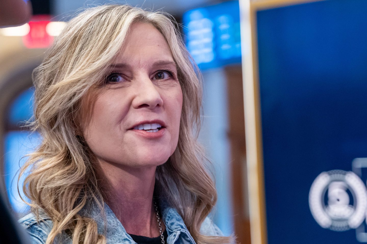 Levi Strauss CEO Michelle Gass stands on the floor of the New York Stock Exchange (NYSE) during a Levi's listing event on April 05, 2024 in New York City.