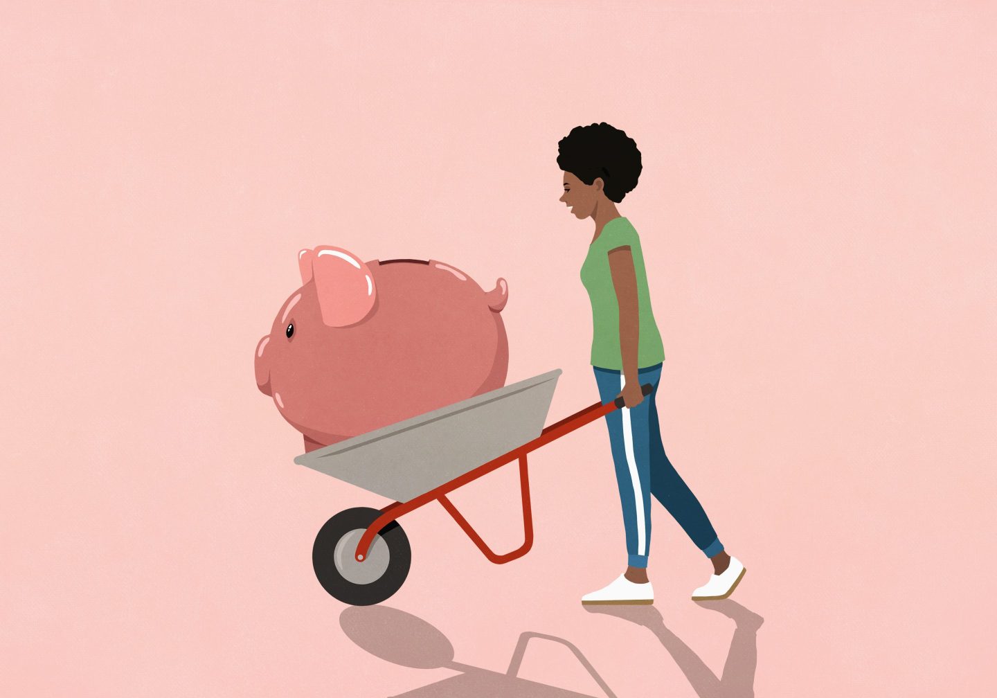Illustration of a woman pushing a piggy bank.