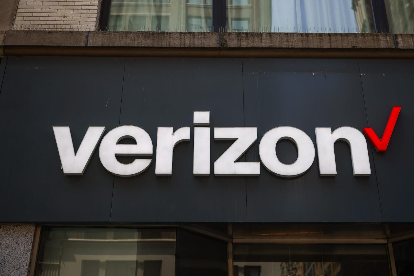 Verizon logo is seen on a store in Manhattan, New York City.