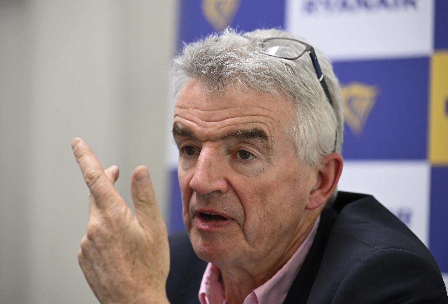 Ryanair Group CEO Michael O'Leary gestures while making a point during a press conference with Eddie Wilson, CEO of Ryanair, and Jason McGuinness, Commercial Director, to talk about the future of the company's operation in the Portuguese market on July 23, 2024 in Lisbon, Portugal.