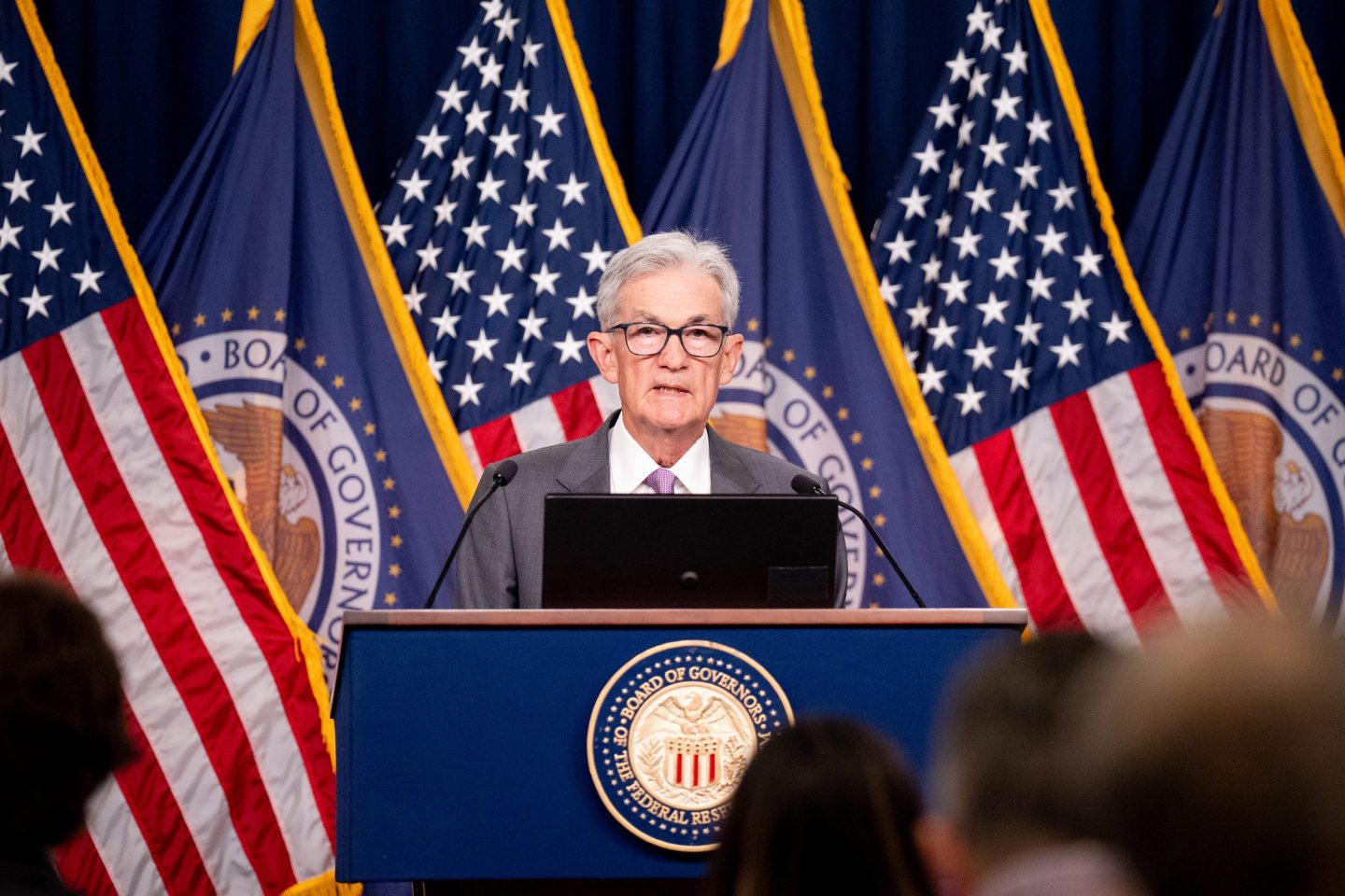 Jerome Powell speaks at a news conference following a Federal Open Market Committee meeting.