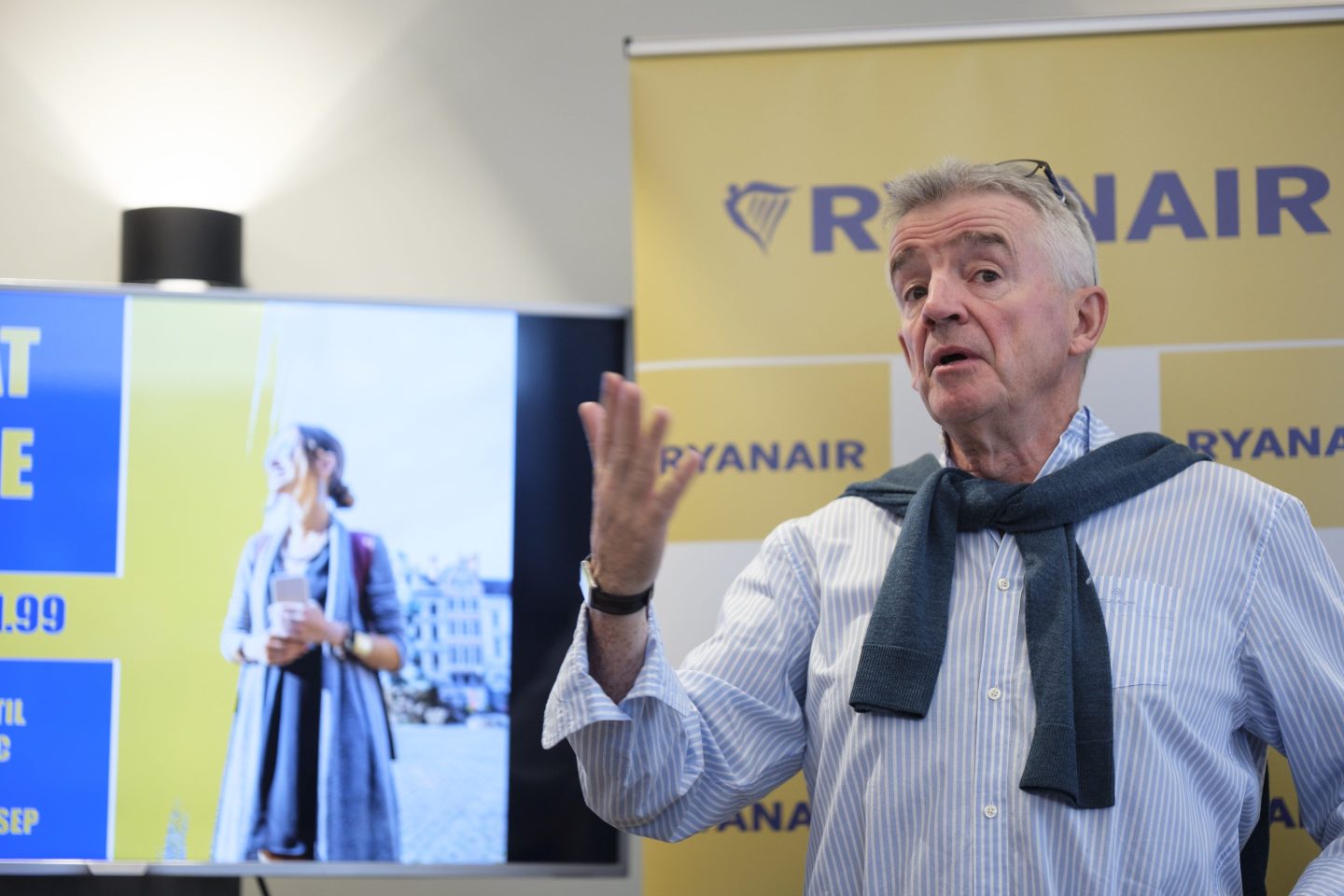 Irish businessman, CEO of Ryanair Michael O'Leary talks to media on August 27; 2024 in Brussels, Belgium.