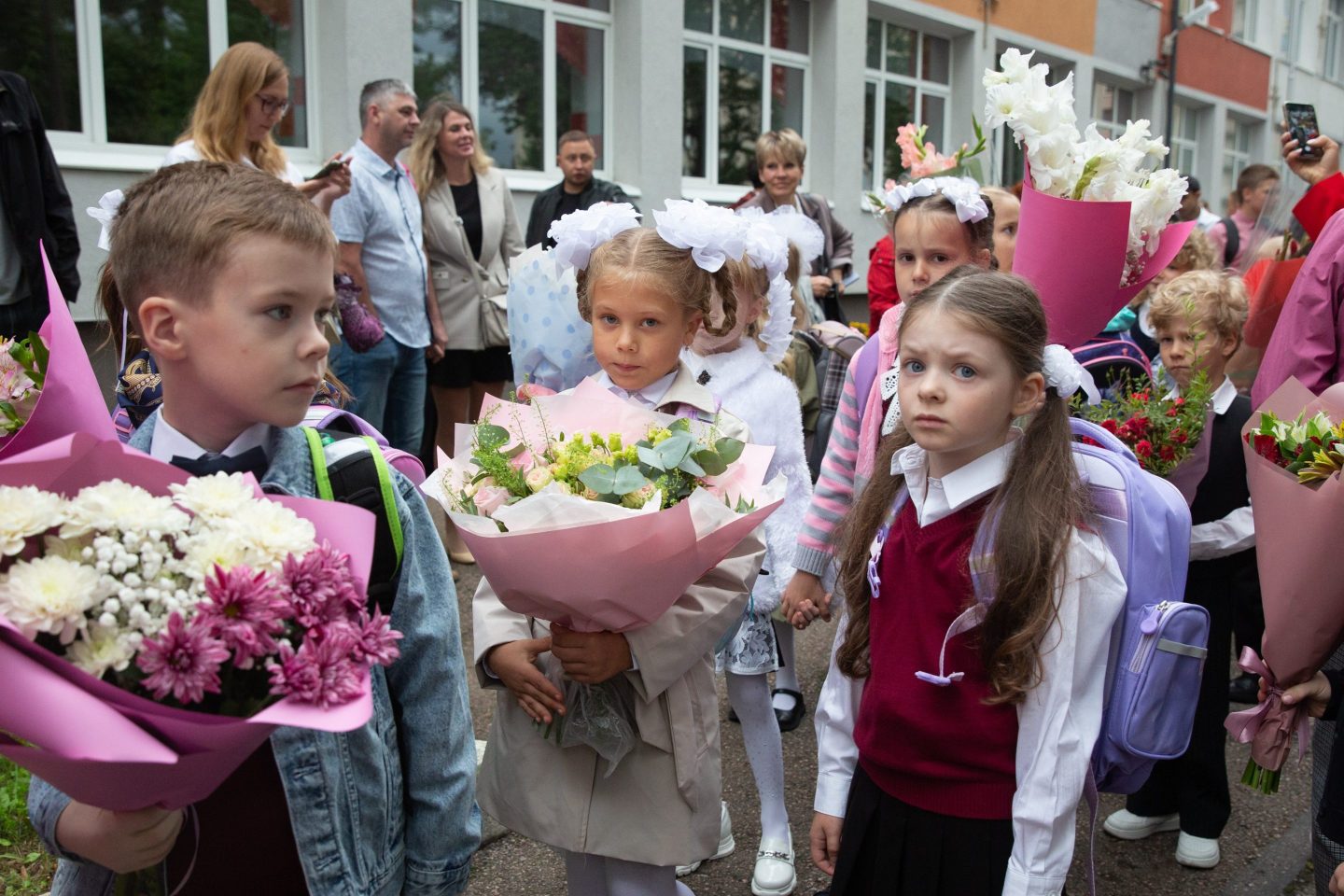 Children attend a school ceremony in St. Petersburg, Russia.