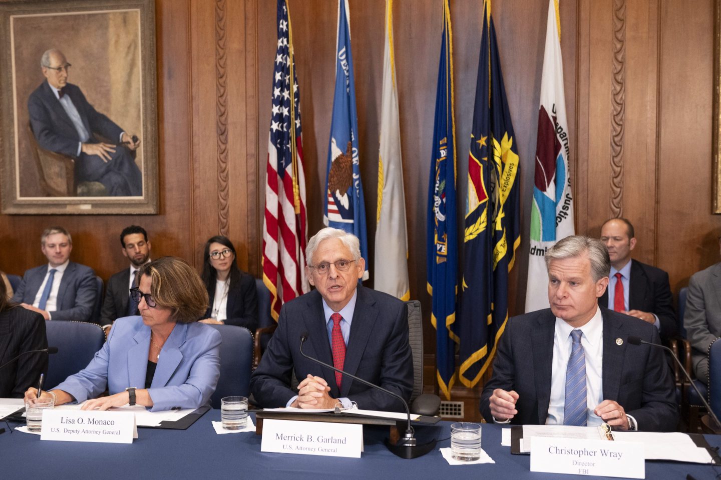 US Attorney General Merrick Garland (C) speaks at a meeting of the Justice Department's Election Threats Task Force at the Justice Department in Washington, DC on Sept. 4, 2024. The U.S. indicted two employees of Russia's RT, accusing them of seeking to influence the 2024 U.S. presidential election.