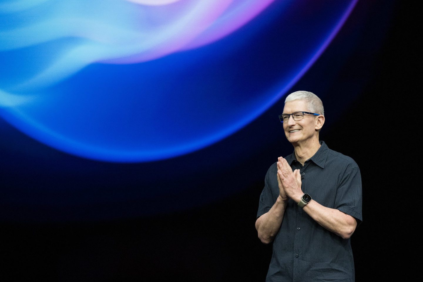Apple CEO Tim Cook speaks during Apple's "It's Glowtime" event in Cupertino, California