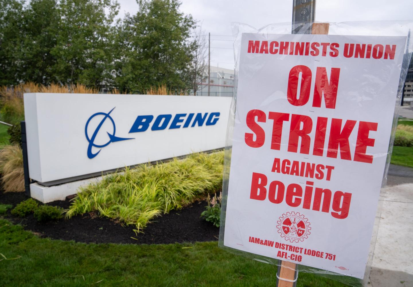 A strike sign is pictured outside a Boeing factory.