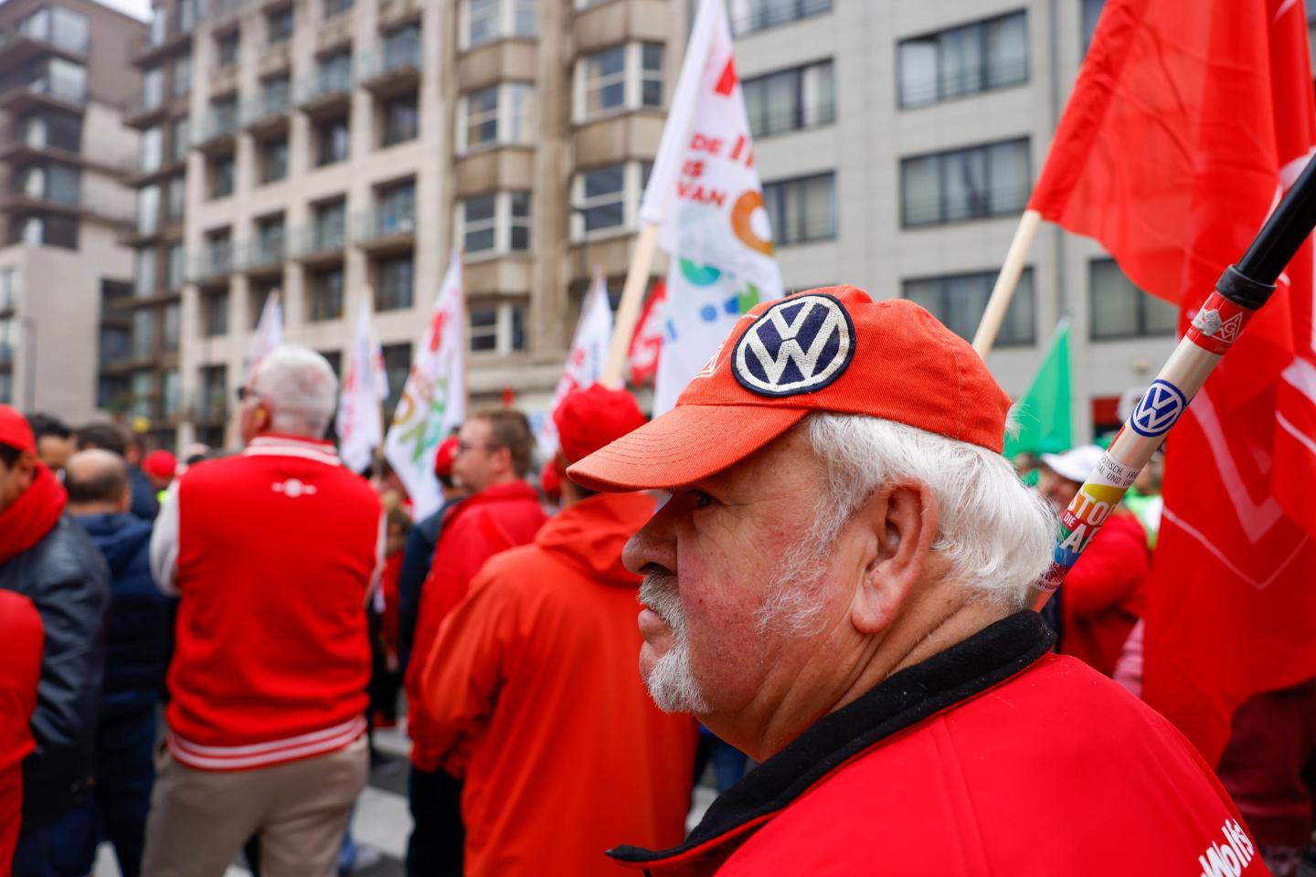 A demonstrator wearing a cap with Volkswagen's logo, seen in a protest in Brussels, Belgium.