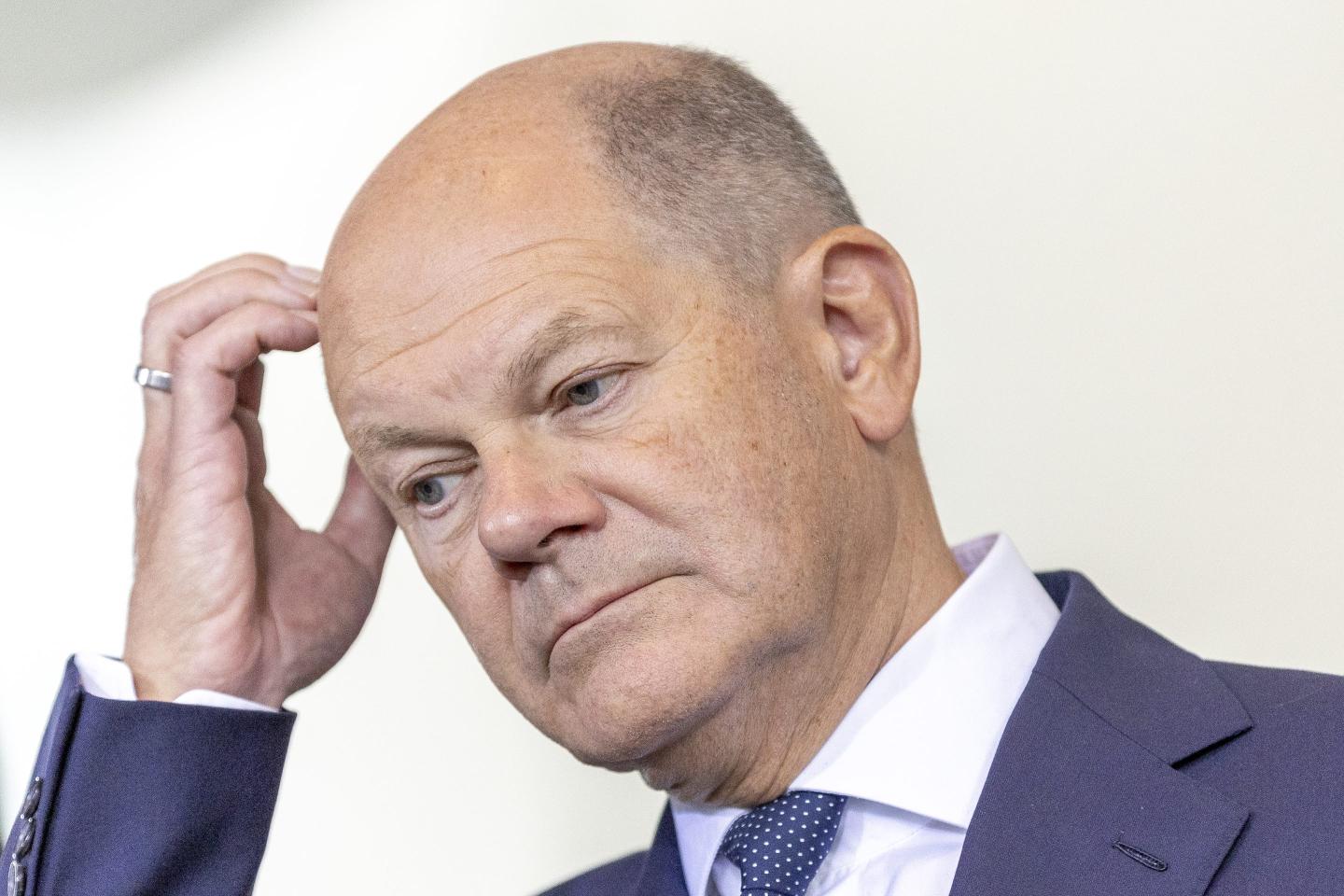 German Chancellor Olaf Scholz attends a press conference with Kenyan President William Ruto (not seen) at the Chancellery on September 13, 2024 in Berlin, Germany.