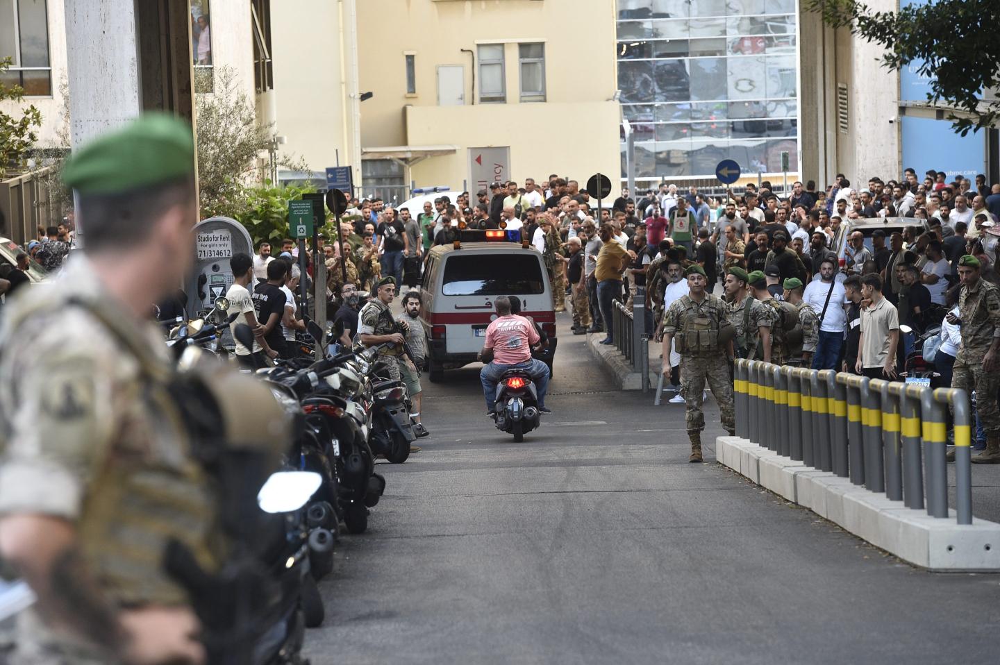 Ambulances are dispatched in Beirut while security forces take precautions after at least eight people, including a child, were killed in a mass explosion of pagers on Sept. 17, 2024. 