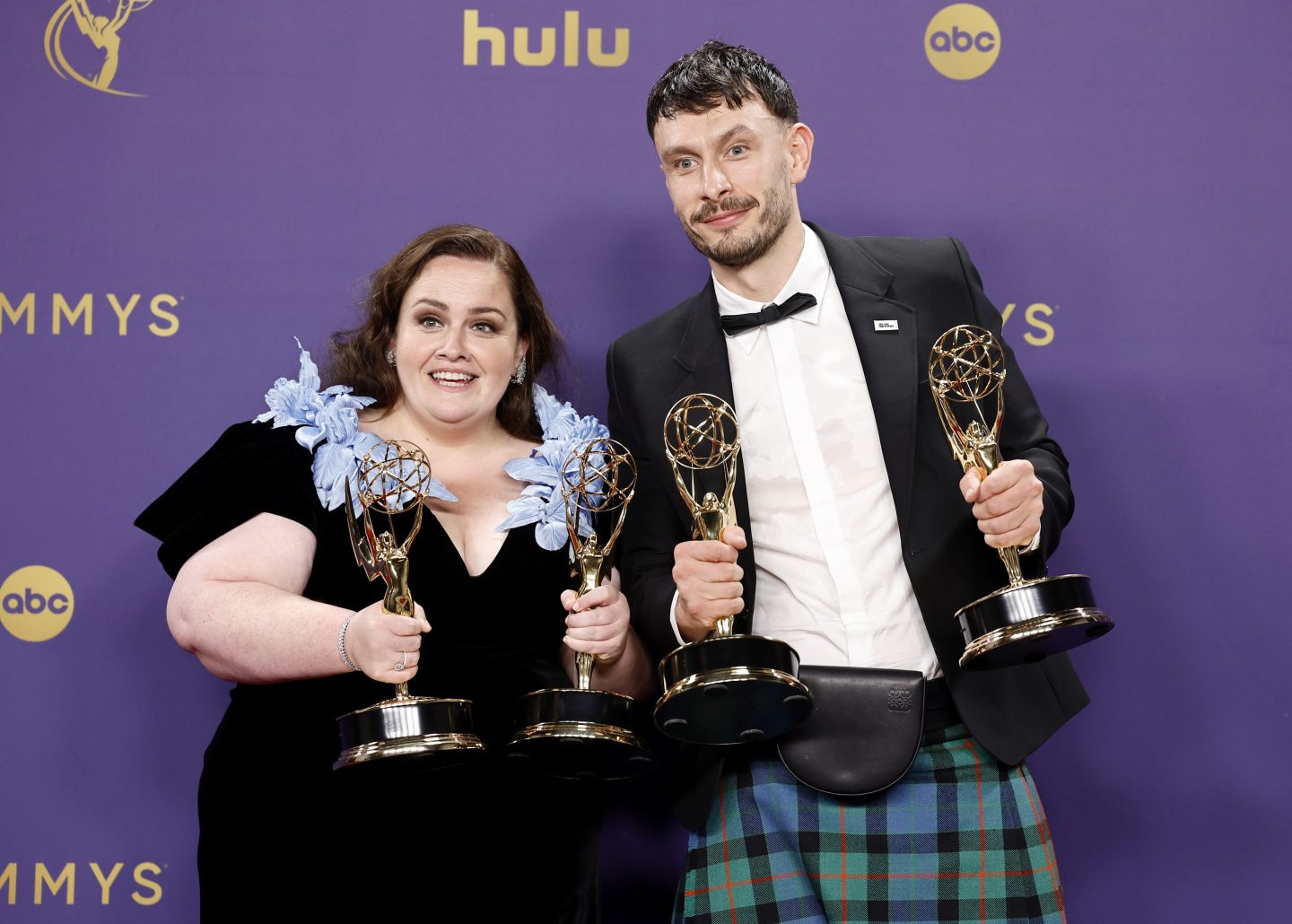 Jessica Gunning and Richard Gadd, winners of the Outstanding Limited or Anthology Series for “Baby Reindeer”, pose in the press room during the 76th Primetime Emmy Awards at Peacock Theater on September 15, 2024 in Los Angeles, California.