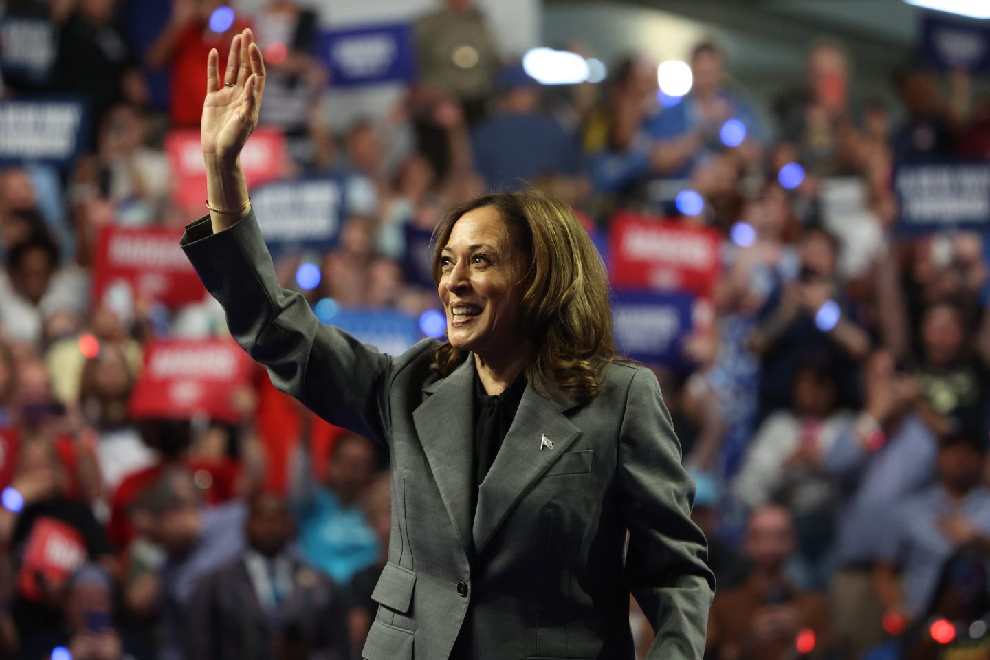 Vice President Kamala Harris waves during a campaign event in Madison, on Sept. 20, 2024.