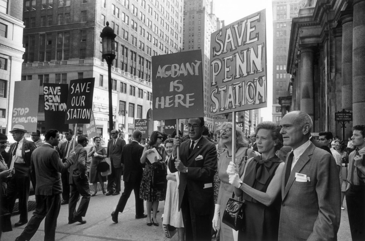 Writer Jane Jabos and architect Philip Johnson protest the destruction of New York's Penn Station.