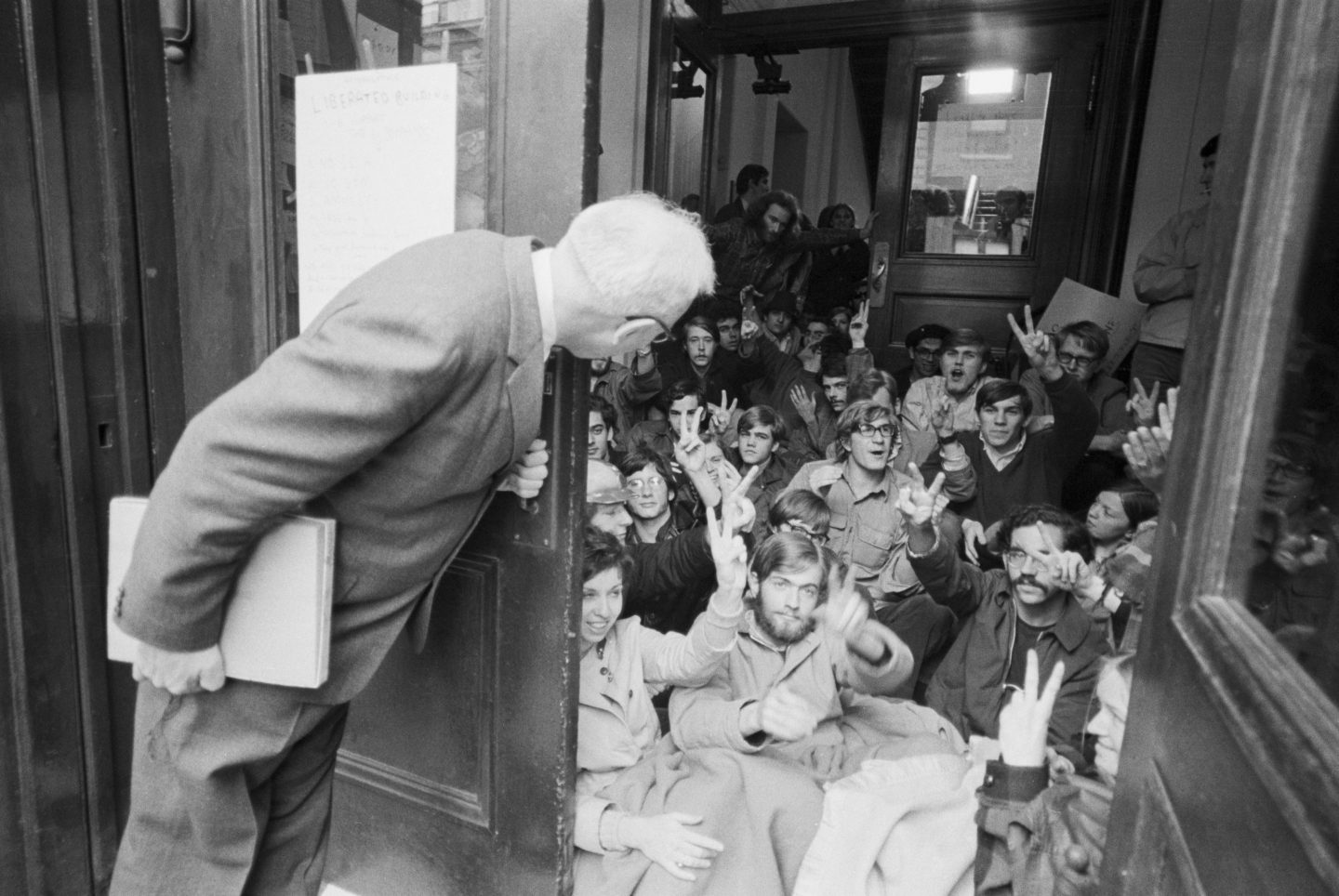 Columbia students giving a peace sign during a sit-in protest.