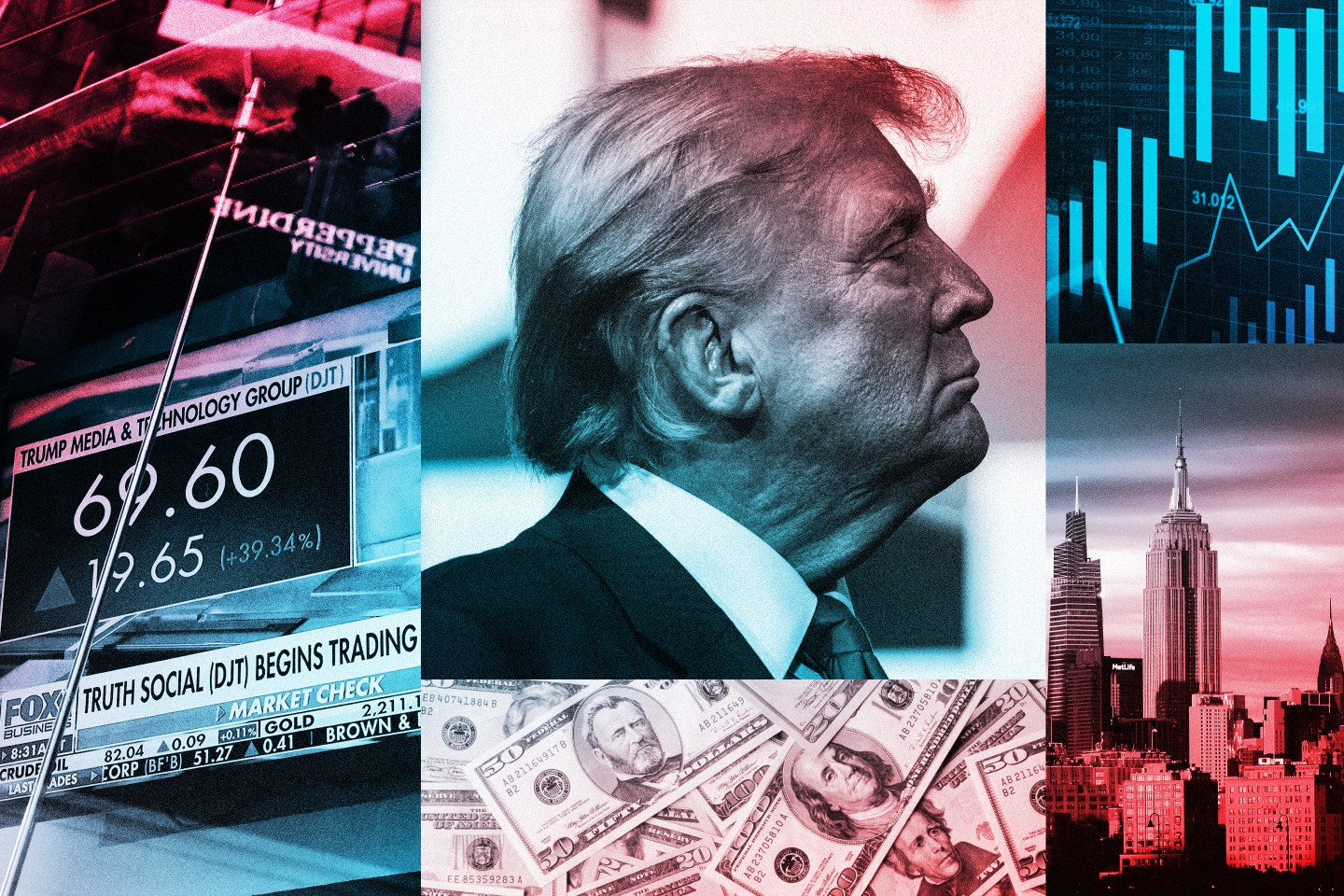 Photo illustration of side profile of Trump along with images of money, stocks, New York skyline and a stock chart.