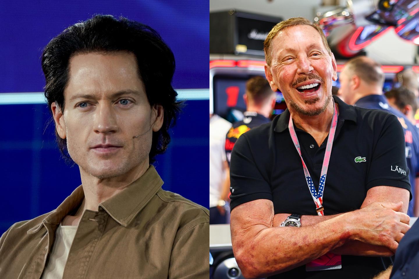 Bryan Johnson looking stoic in one picture; Larry Ellison smiling in a picture next to him.