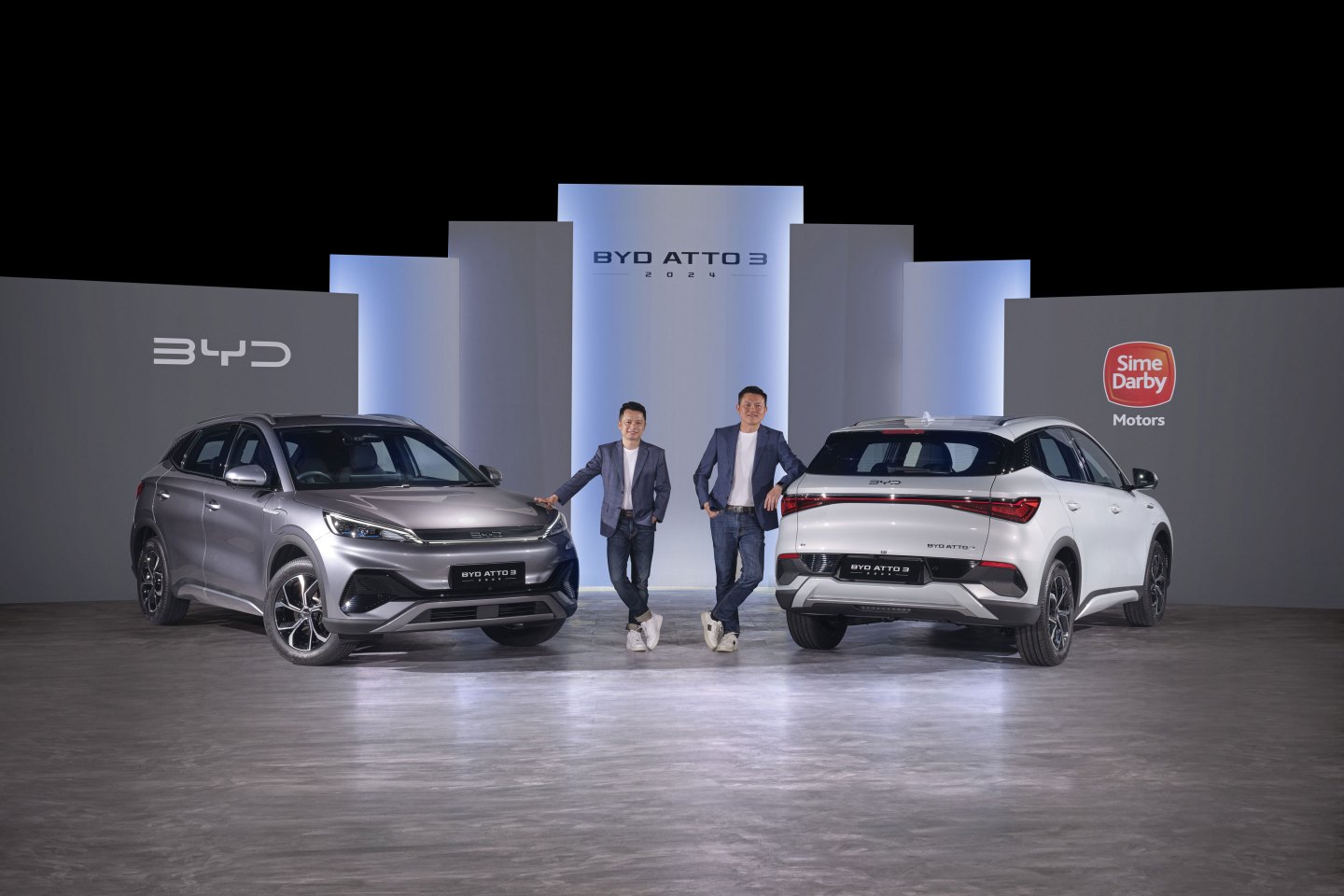 Jeffrey Gan (right), Sime Darby Motors' Southeast Asia managing director with Eagle Zhao, managing director of BYD Malaysia at the launch of the enhanced Atto 3 in Ara Damansara, Selangor, Malaysia on May 3, 2024.