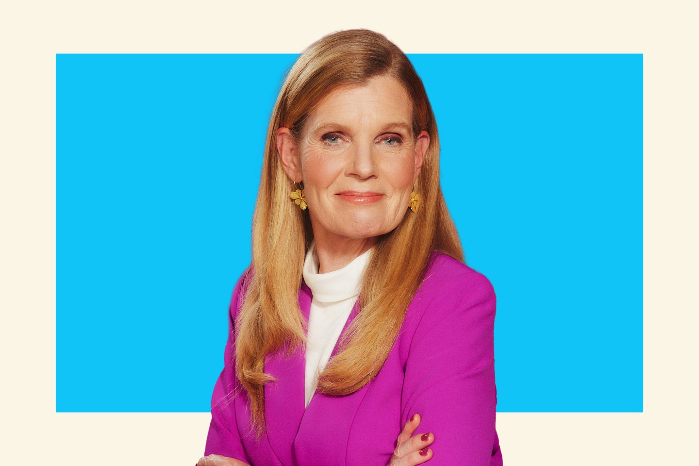 Woman with long blond hair and fuchsia blazer on a blue background